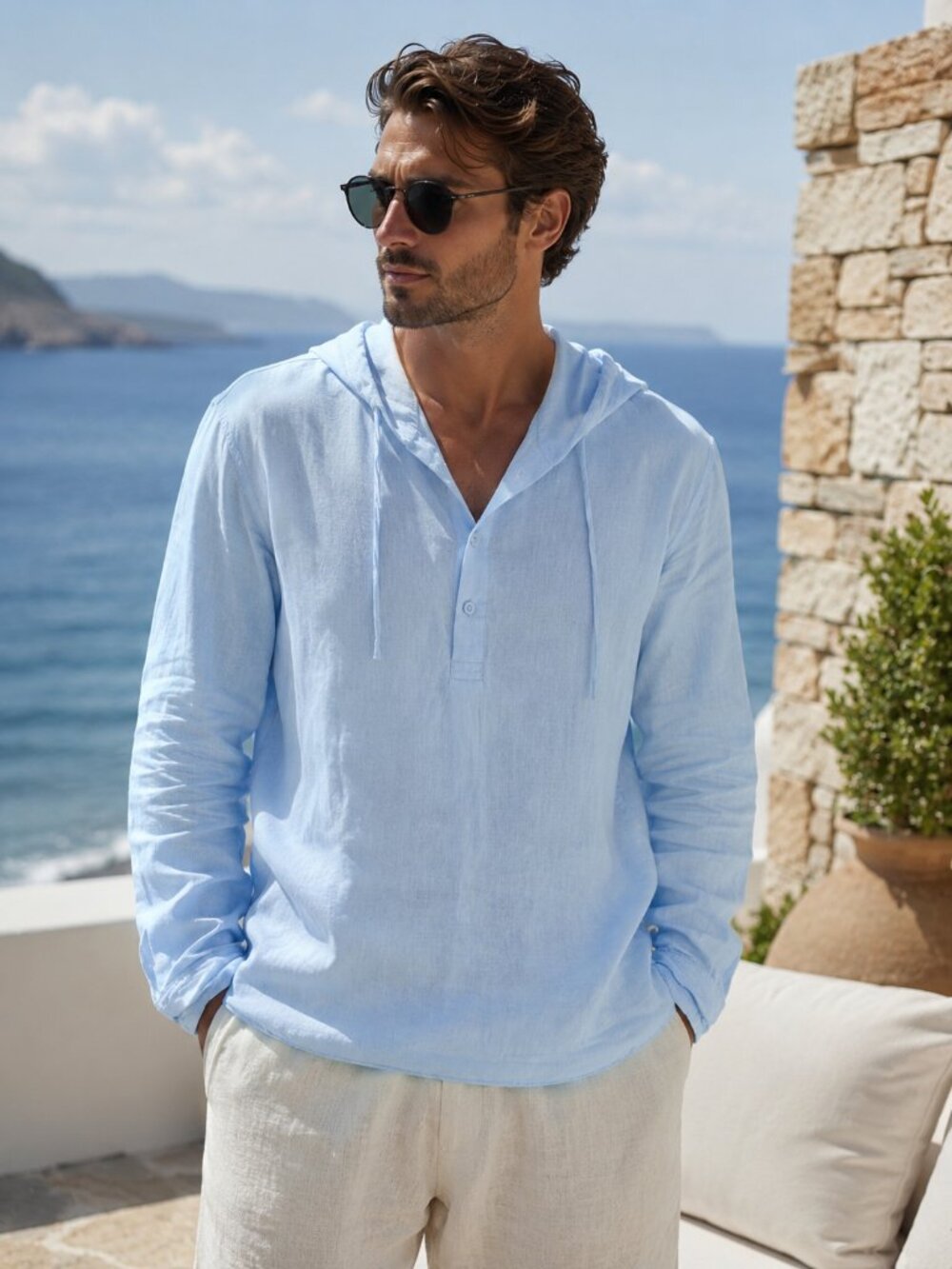 Magaschoni Man Linen Blend Hooded Pullover Shirt Men's XL Blue Beach Coastal
